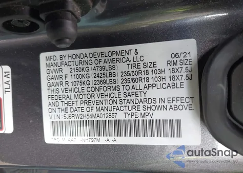 2021 Honda Cr-V Awd Ex z USA, uszkodzony, nr VIN 5J6RW2H54MA012857